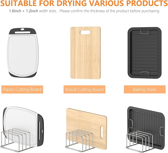 KORRTFID Cutting Board Holder Stand, Chopping Board Storage Rack, Cutting Board Organizer, 304 Stainless Steel Chopping Board Holder, Cookie Sheets Organizer 1.0+1.2 Inch Width Slots(Large)