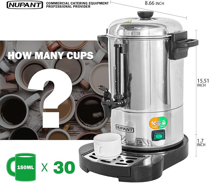 NUPANT Commercial Coffee Urn 30 Cup/4.5L Coffee Dispenser with Upgraded Percolator, 304 Stainless Steel Hot Water Urn Beverage Dispenser with Warm Mode,Drip Tray,Large Coffee Maker for Party Catering