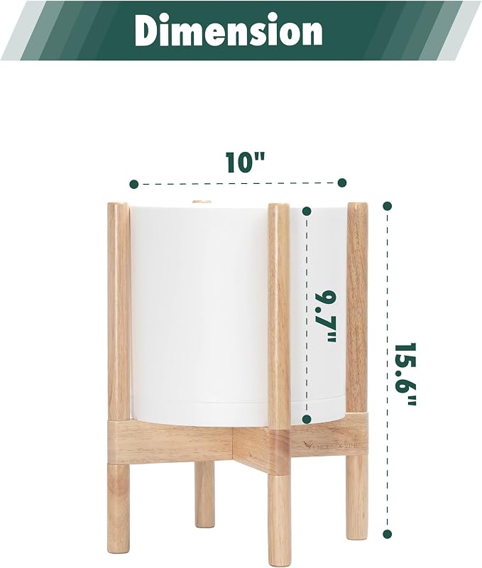 D'vine Dev Plastic Pot with Natural Wood Stand, White, 10 in, 55-C-M-1 | Mid-Century Inspired Design, Elevated Plant Display, Clean Lines, Sturdy Support, Modern Space-Saving Style