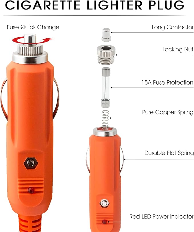 Car Charging Cable for Jackery Power Station Explorer 3000 2000 1500 1000 500 300 240-14AWG Heavy Duty 12V/24V Cigarette Lighter Charger with Adapters & Fuse, 15FT Orange Accessories