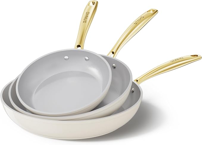 Sanho Ceramic NonStick Frying Pan-8, 10 & 12 Inch Frying Pans Skillet, Non Stick Egg Pan with Cool Touch PVD Handle for Induction, Dishwasher & Oven Safe, PTFE & PFOA Free, Non Toxic for Cooking