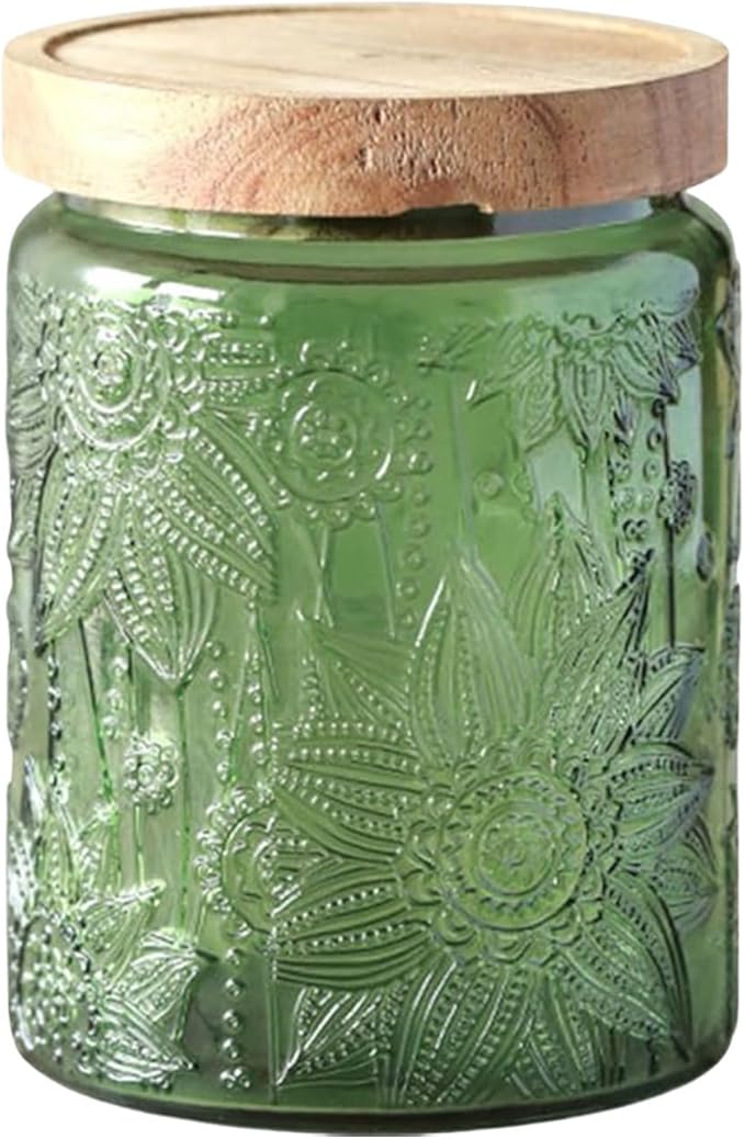 Glass Jar with Lid, Vintage Glass Storage Jars with Airtight Lid Coffee Canister Sugar Container for Kitchen Counter Pantry, Spice, Candy, Coffee Beans, Tea, Cookie (24 FL OZ Green Sunflower)