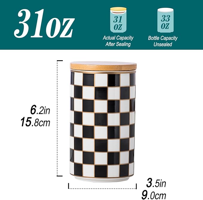 Kitchen Countertop Ceramic Checkered Canisters,Black And White Food Storage Containers With Lid,Airtight Kitchen Canisters for Flour, Sugar, Coffee, Tea, and Dry Goods (Black, Large)