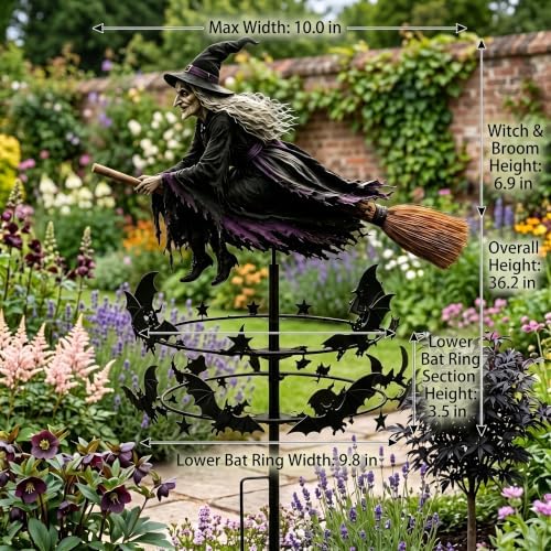 Enchanted Witch Garden Wind Spinner, Outdoor Metal Halloween Garden Art Yard Stake Windmill Style, Halloween Witch Yard Decorations, Ground Stake Included Outdoor Lawn Decor
