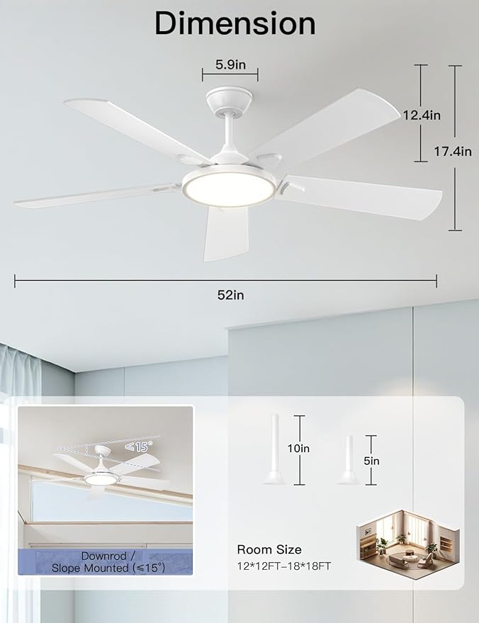 OJX Ceiling Fans with Lights, 52 inch Ceiling fan with Light and Remote/APP Control, 3CCT, Quiet DC Reversible, Dimmable, Modern Black Ceiling Fa for Bedroom, Living Room, Kitchen, Indoor/Outdoor Use