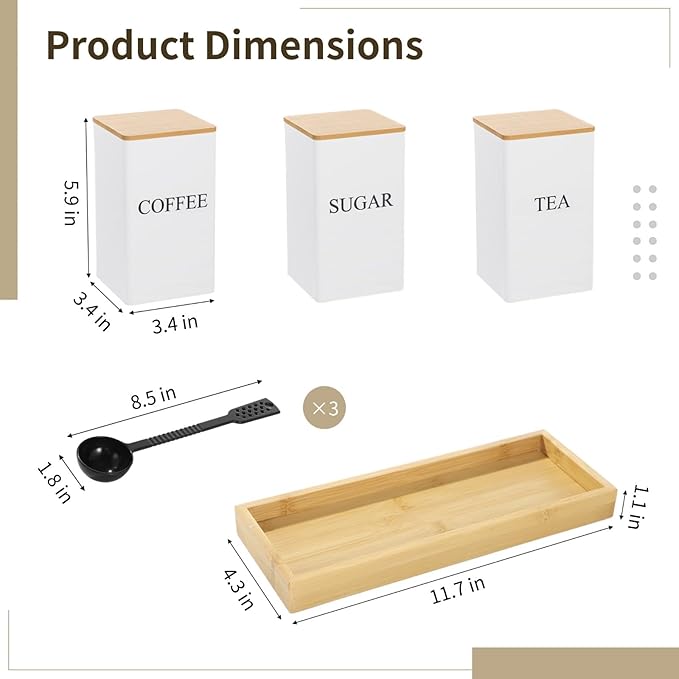 Homaisson Tea sugar container set - Coffee Tea Sugar Canister and Tray Set, Metal Container with Airtight Wooden Lid, Kitchen Counter Storage Organizer Set, Includes 3 Plastic Scoops