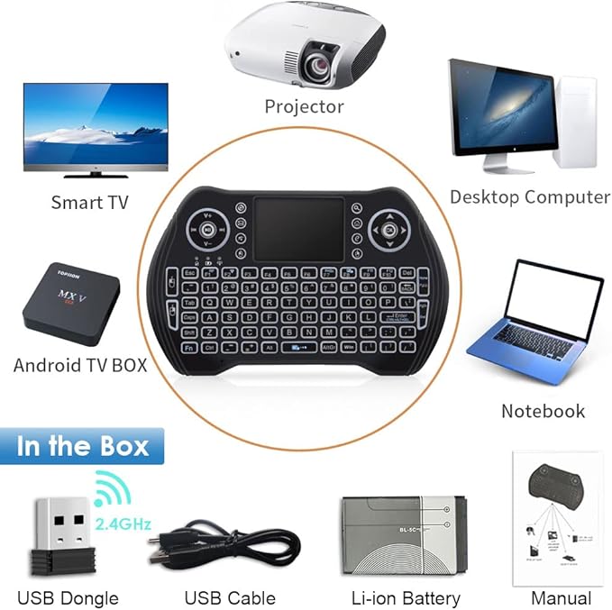 BL Mini Wireless Keyboard Remote Control with Touchpad Mouse Combo, Backlit 2.4GHz Mini Keyboard Wireless USB Dongle Rechargeable Li-ion Battery for Android TV Box Smart TV PC PS3 Windows MacOS X-Box