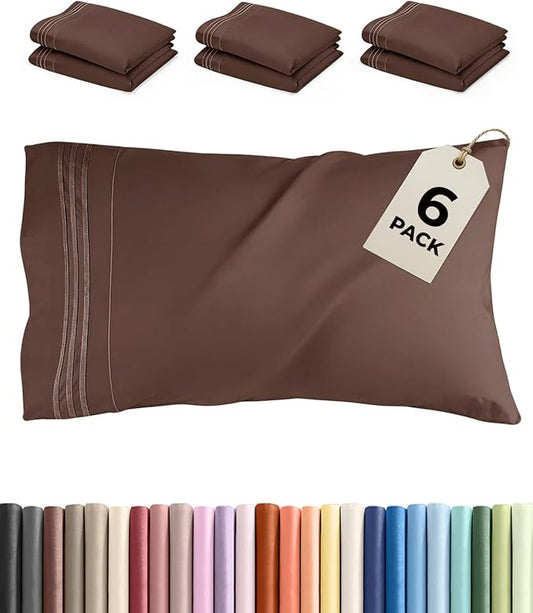 Queen Pillow Cases Set of 6 - Ultra Soft Hotel Quality Pillowcase Covers - Comfy & Wrinkle Free - Shrink, Stain and Fade Resistant - Easy-Care, Machine Washable Pillow Protectors - 6 Pcs Set - Brown
