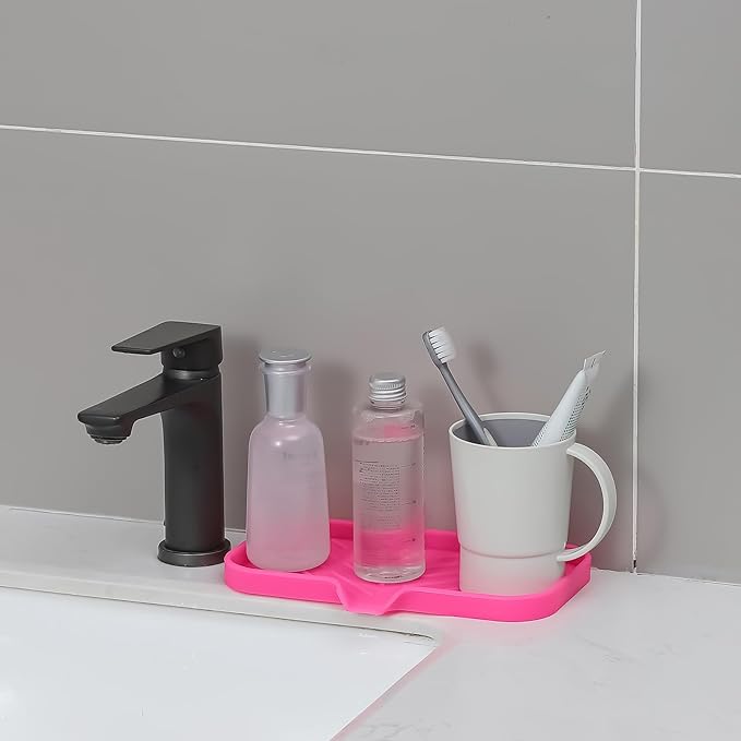 MicoYang Silicone Soap Dish with Drain Spout — Self-Draining Sink Organizer Tray for Bathroom & Kitchen, Sponges, Dispensers & Soap Holder, Non-Slip & Dishwasher Safe, Rose (Medium, 9.6"×5.3")