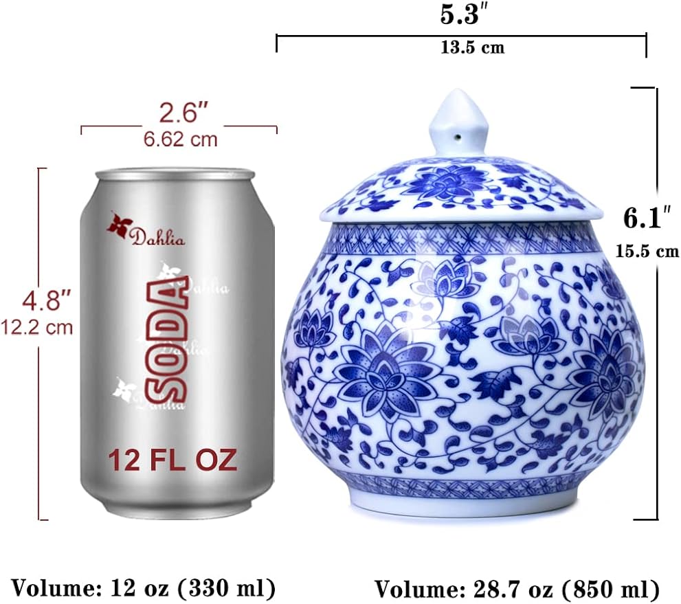 Dahlia Blue and White Porcelain Tea Canister for Loose Tea, Airtight Jingdezhen Tea Caddy, Lotus 850 ML