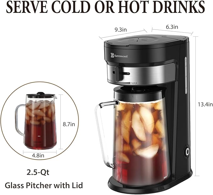 Ice Tea Maker with 2.5QT Cold Brew Coffee & Iced Tea Pitcher, Strength Selector, Reusable Filter for Lemonade, Fruit Infused Water (Black)