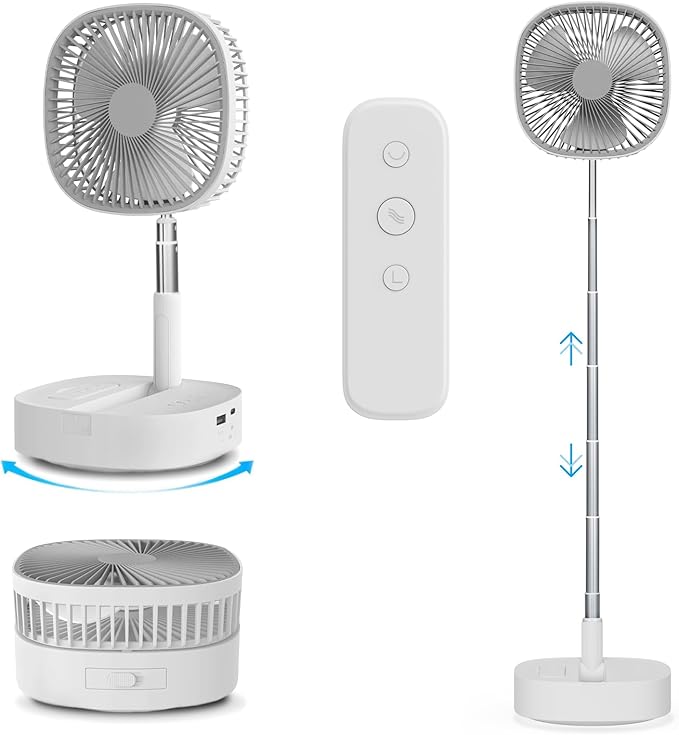 Magesh Portable Oscillating Pedestal Fan＆Remote, 120° Rotation, 3-In-1 Foldaway/Standing/Desk Fan, Anti-Slip 7200Mah Rechargeable, Telescopic 4 Speed Quiet Timer Fan Home Outdoor Travel (Gray)