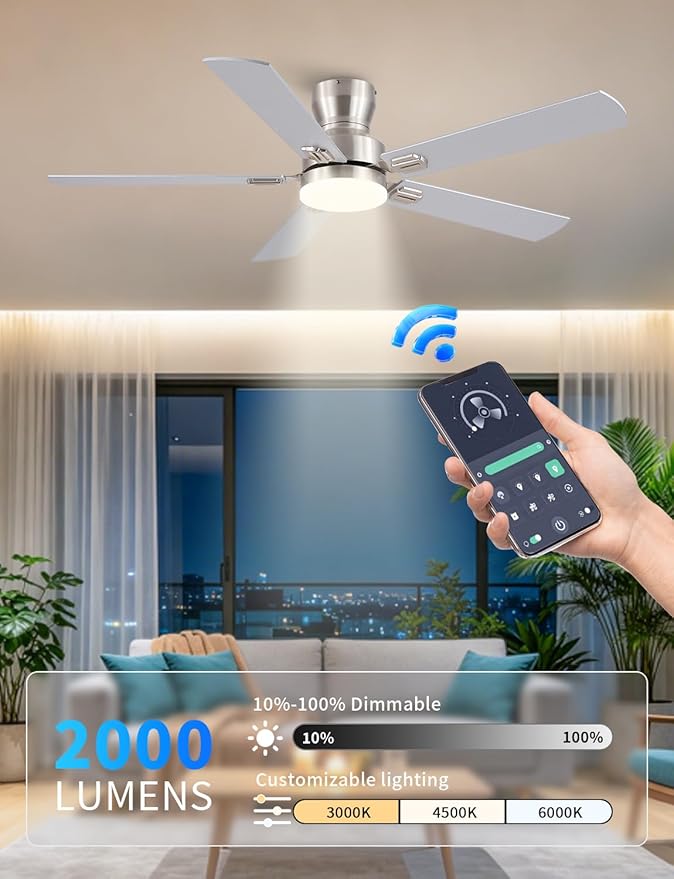 Ceiling Fans with Lights, 52'' Low Profile Ceiling Fan with Light and Remote/APP Control, Modern Flush Mount Ceiling Fan for Indoor Bedroom Living Room, Dimmable, Qiuet DC Motor, Nickel