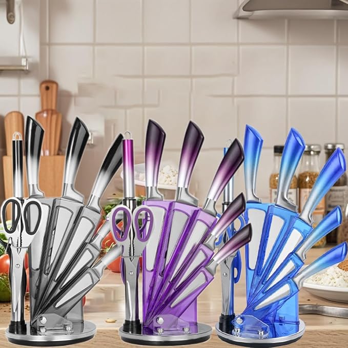 Kitchen Knife Set, 9 Pieces Purple Cleaver Knives Set with Rotatable Block, Non Stick Sharp Stainless Steel Chef Knife Set with Sharpener for Kitchen, Cooking Tools for Chefs Home Cooks (Blue)