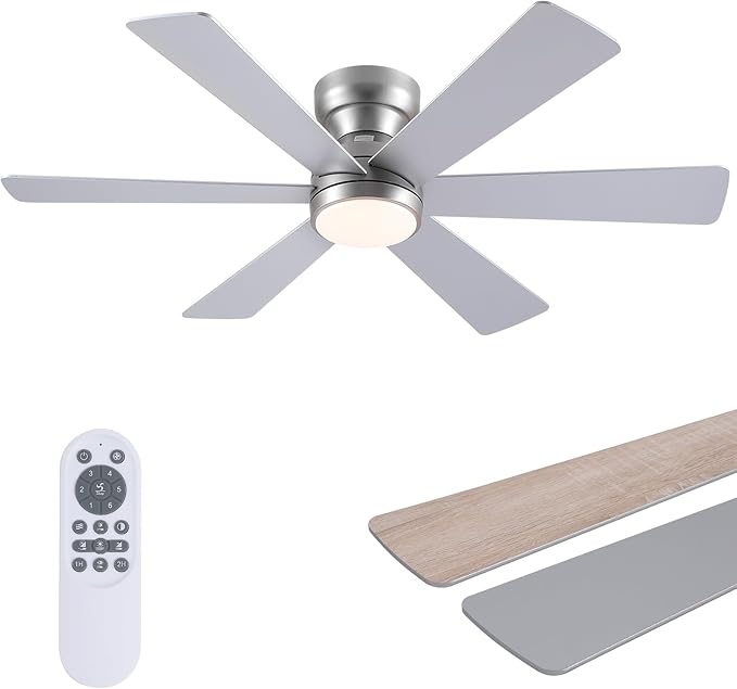 Asyko 46" Silver Low Profile Ceiling Fan with Light and Remote,Modern Flush Mount Ceiling Fans for Bedroom, Living Room, 6 Speeds, Dimmable, Timer, Quiet Reversible