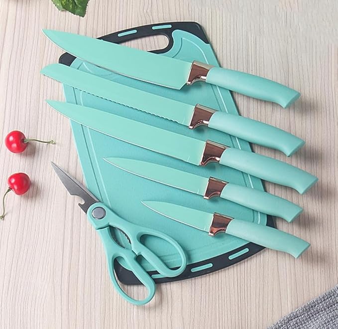 Kitchen Cooking Utensils and Knife Set with Holder Block, 19 Pieces Cooks Cutting Set 11 Pcs Silicone Cooking Utensils Sharp Stainless Steel Knives Scissors Whisk Tongs and Cutting Board (Teal)