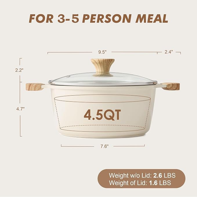 SENSARTE Ceramic Nonstick Stock Pot with Lid, 4.5 Quart, Creamy White | Healthy Nontoxic Ceramic Coating, PFAS & PTFE Free, Compatible with All Stoves Including Induction Cooktops, Dishwasher safe.