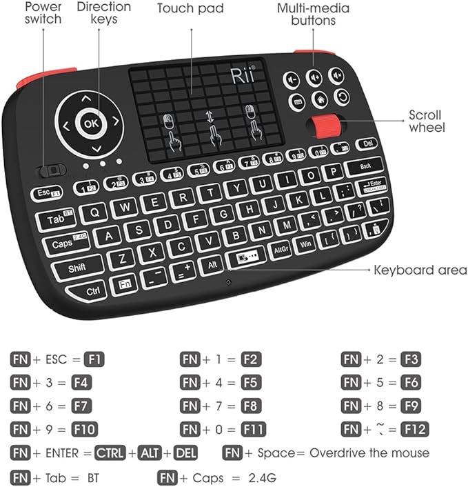 (Upgrade) Rii i4 Mini Bluetooth Keyboard with Touchpad, Blacklit Portable Wireless Keyboard with 2.4G USB Dongle for Smartphones, PC, Tablet, Laptop TV Box iOS Android Windows Mac.Black