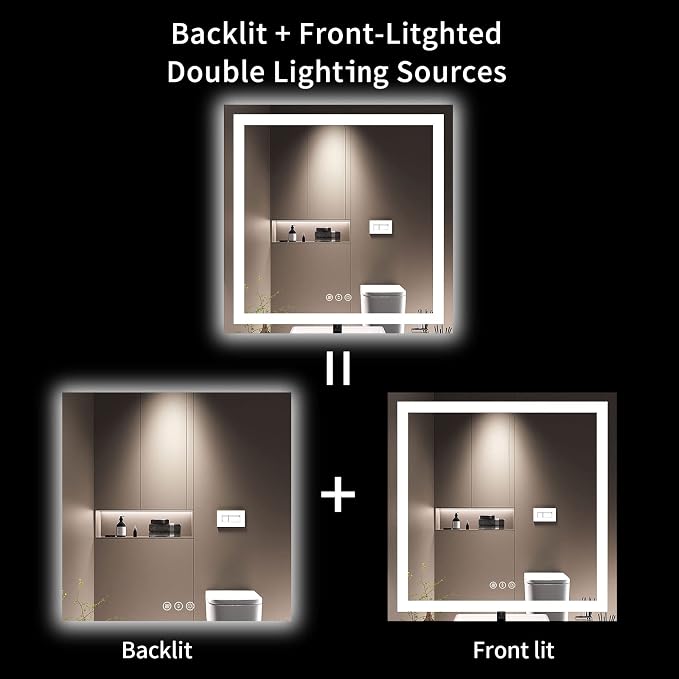 LOAAO 36"X36" LED Bathroom Mirror with Lights, Anti-Fog, Dimmable, Backlit + Front Lit, Lighted Bathroom Vanity Mirror for Wall, Memory Function, Tempered Glass, ETL Listed