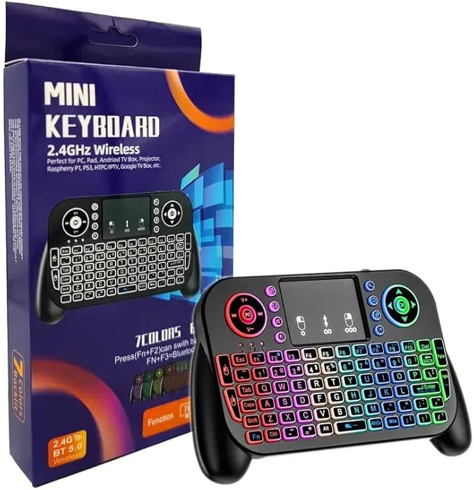 Mini Keyboard with Touchpad-2.4GHz & Bluetooth Dual-Mode,7-Color Backlight, Multimedia Hotkeys, Rechargeable, for Android TV Box, Smart TV, Projector, PS3, PC, Tablet, Windows/iOS/Android