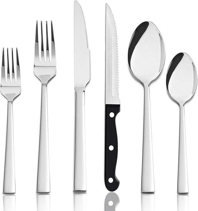 HaWare 24-Piece Silverware Set with Steak Knives, Solid Stainless Steel Modern Elegant Flatware Utensils, Ergonomically Designed, Mirror Polished & Dishwasher Safe