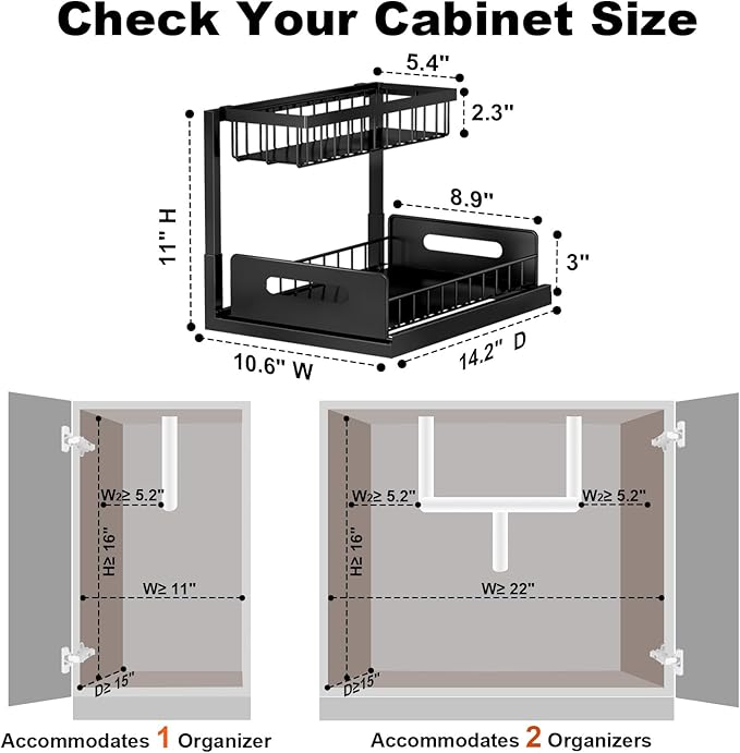 REALINN Under Sink Organizer, Pull Out Cabinet Storage 2 Tier Slide Out Sink Shelf, Kitchen Organizers and Storage, Black, 1 Pack