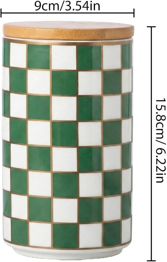 1 Piece Ceramic Coffee Canister, Airtight Coffee Container with Lid for Kitchen Storage (15.8x9cm, Green Checkered)