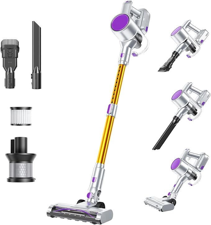 OLIXIS Cordless Vacuum Cleaner, Rechargeable Upright Cleaner with Flexible Steering, Extendable Wand, LED Headlight, 3 Brushes & Wall Mount, Handheld Vacuum for Hardwood Floor Home Cleaning