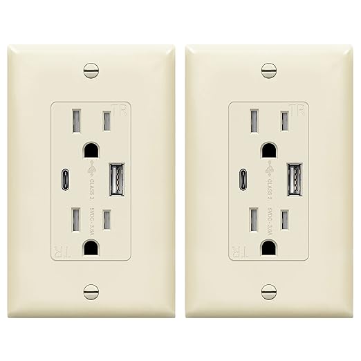 TOPGREENER 2-Port USB Outlet, Type C USB Wall Outlet, 15 Amp TR Receptacle Plug, Charging Power Outlet with USB Ports, Wall Plate Included, TU21536AC-LA-2PCS, Light Almond, 2 Pack