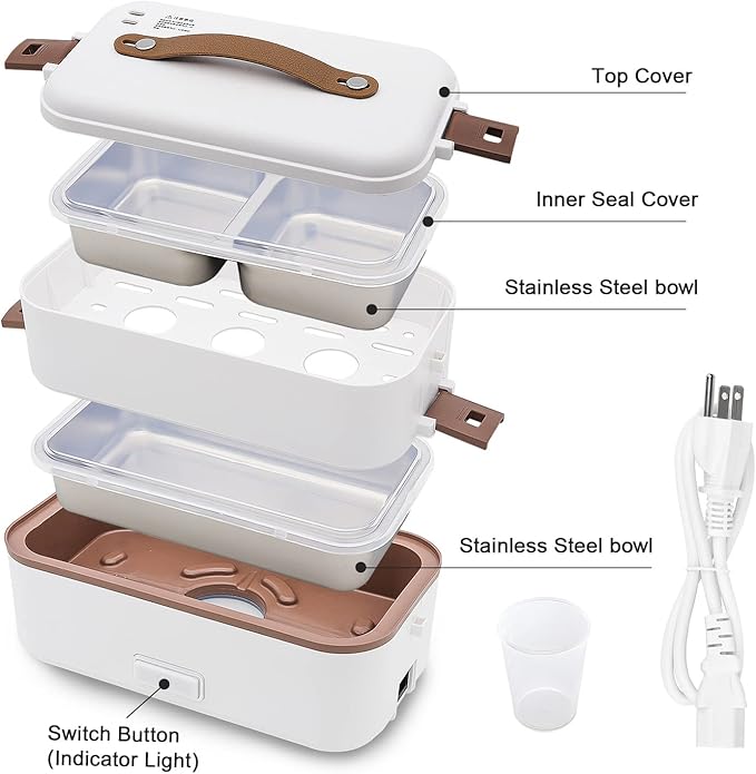Self Cooking Electric Lunch Box, Portable Food Warmer for On-the-Go,Mini Rice Cooker 2 Layers 800ML Heated Lunch Box for Home Office Cook Food White
