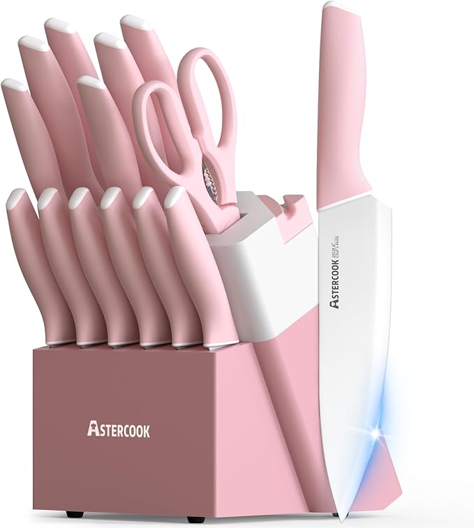 Astercook Knife Set, Kitchen Knives Set with Block and Sharpener 15 Pcs German Stainless Steel Knives Sharp Blade Dishwasher Safe Deba Knives with Ergonomic Handle, Crystal Pink Mothers Day Gifts