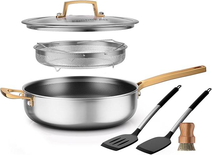 FogDream Titanium Non Stick Frying Pan, 10in Tri-Ply Stainless Steel Deep Saute Pan, All-in-One Cookware Set(Spatulas&Steamer), Stay Cool Handle, Dishwasher & Oven-Safe,Induction Compatible,Gold