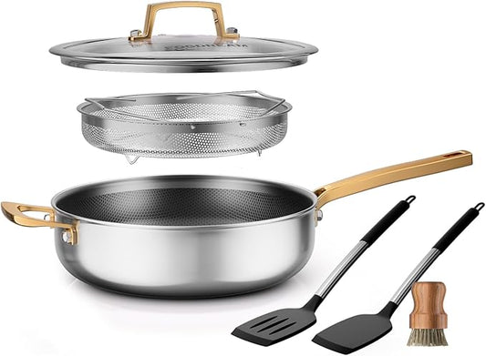 FogDream Titanium Non Stick Frying Pan, 10in Tri-Ply Stainless Steel Deep Saute Pan, All-in-One Cookware Set(Spatulas&Steamer), Stay Cool Handle, Dishwasher & Oven-Safe,Induction Compatible,Gold