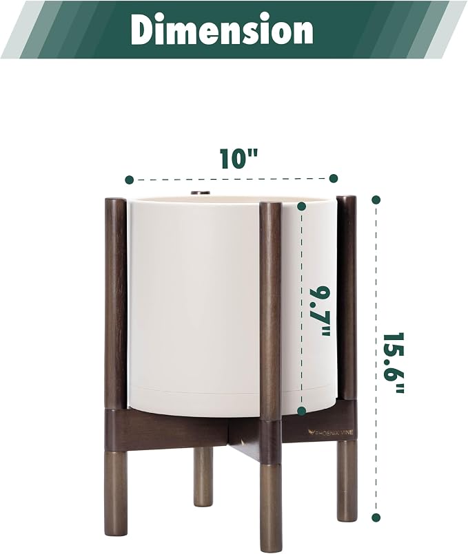 D'vine Dev Plastic Pot with Walnut Wood Stand, Oatmeal, 10 in, 55-C-L-4 | Mid-Century Inspired Design, Elevated Plant Display, Clean Lines, Sturdy Support, Modern Space-Saving Style