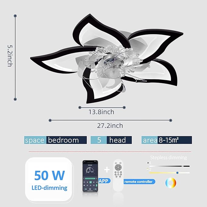 Bevenus Low Profile Ceiling Fans with Lights,27.2” Black Modern Dimmable Flower Shape Ceiling Light Fan with Remote Control/app Control,Timing 6 Gear Speeds Fan Ceiling Lamp.