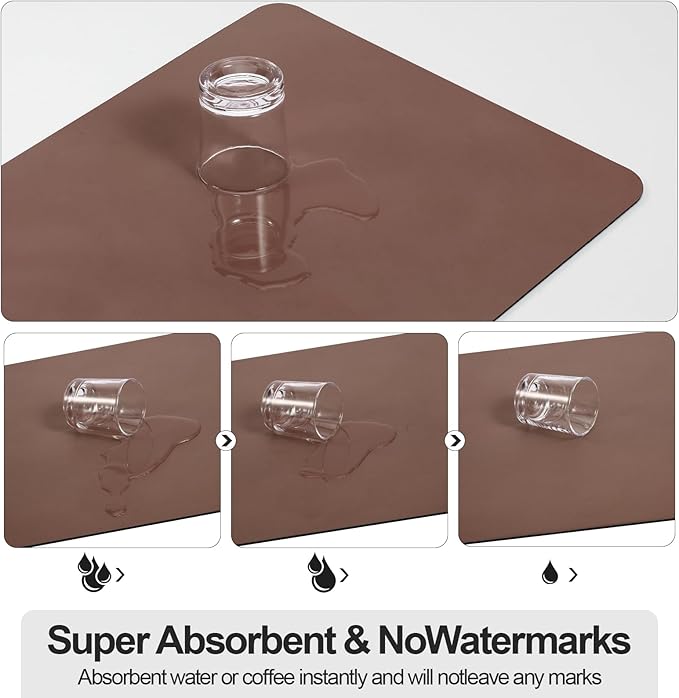 Ecotrim Absorbent Coffee Mat , Stain Hiding PU Leather Surface, Non-Slip Natural Rubber Backing, Quick Dry Mat for Espresso Machine, Kitchen Counter ,Brown | 12" x 19"