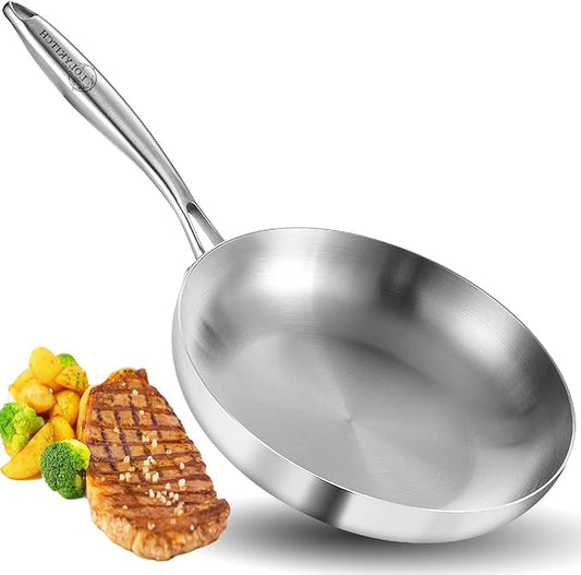 LOLYKITCH 8.5 InchTri-Ply Stainless Steel Frying Pan,Skillet,Induction Cooking Pan,Dishwasher and Oven Safe,Detachable Handle