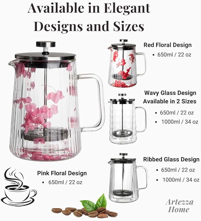 Glass French Press Coffee Maker 22oz (Pink Floral) – Double-Wall Borosilicate Ribbed Coffee Press with Stainless Steel Filter, Manual Coffee Brewer & Tea Press