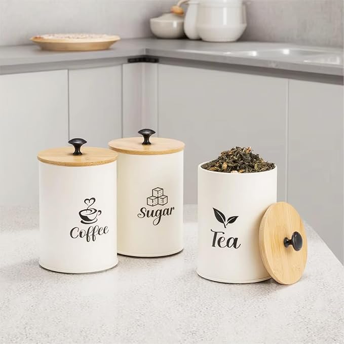 3 Pack Kitchen Canisters with Bamboo Lids, Metal Canister Set for the Kitchen Counter, Airtight Coffee Container Tea Organizer & Sugar Canister, Rustic Kitchen Decor Containers-Beige