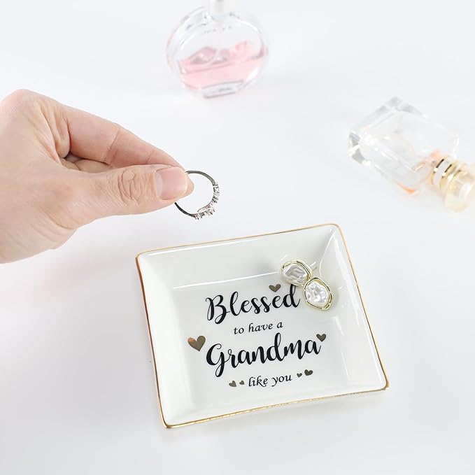 HOME SMILE Mother's Day Gifts for Grandma,Grandmother Ceramic Ring Jewelry Dish Tray Plate for Birthday Valentine's Christmas-Blessed to Have A Grandma Like You