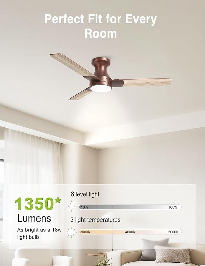 DAMINY 42 inch Ceiling Fans with Lights,3 Blades,6CCT, Low Profile Ceiling Fan with Light and Remote Control,Ceiling Fan for Bedroom, Kitchen,Indoor/Outdoor Use,Flush Mount-Brown
