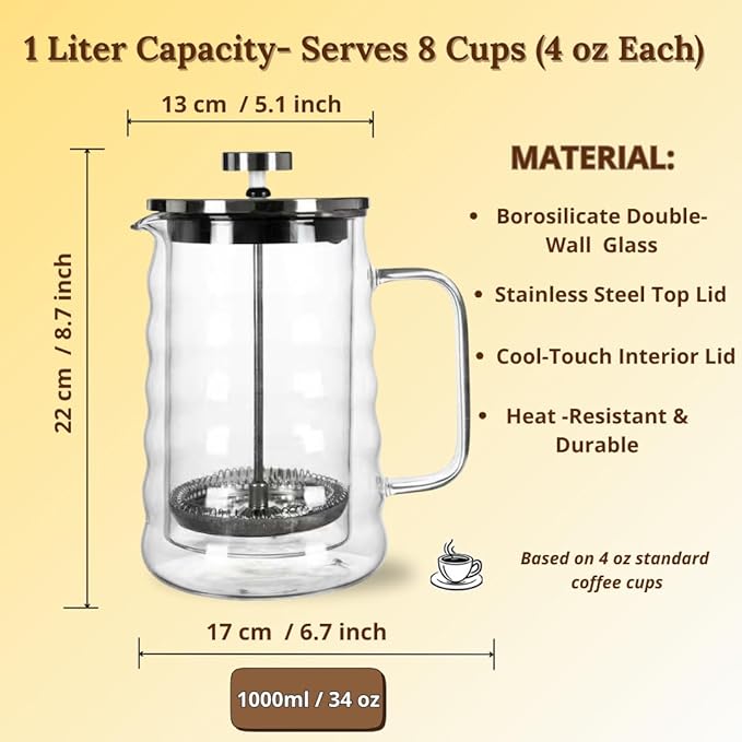 French Press Coffee Maker Double-Wall Borosilicate Glass | Wavy Manual Brewer with Stainless Steel Mesh Filter for Hot & Cold Coffee or Tea (34oz / 1000ml - Wavy Design)