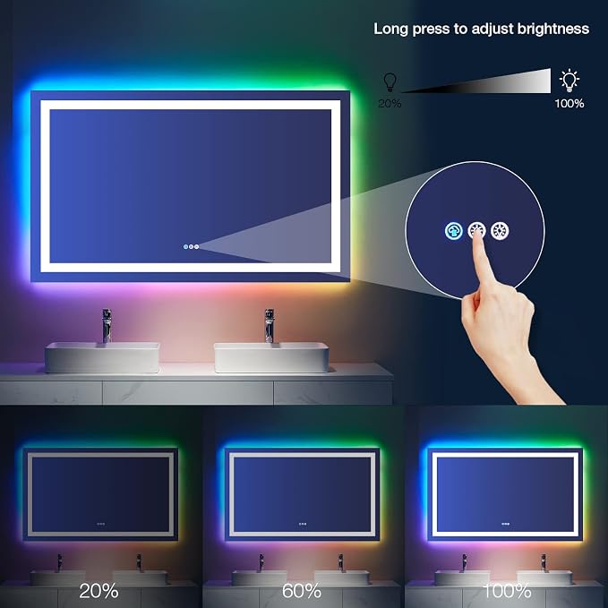 LOAAO 72"X40" RGB LED Bathroom Mirror with Lights, Anti-Fog, Dimmable, Lighted Bathroom Vanity Mirror, Multiple Light Modes, RGB Backlit + Front Light, Memory Function, Tempered Glass, ETL Listed