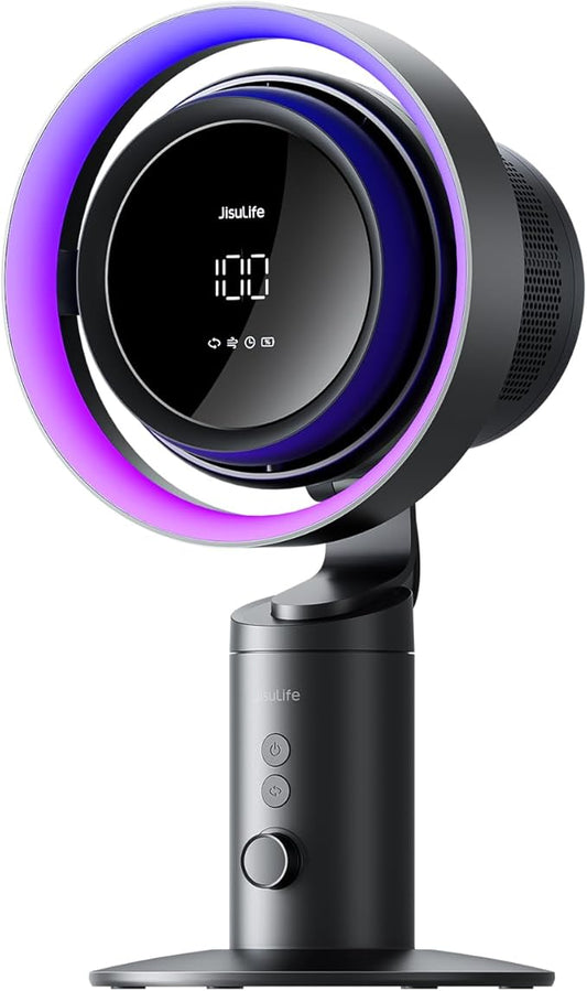 JISULIFE Table Fan Pro3, 3-in-1 Table Cool with 7-Color RGB Light, LED Display, 100-Speed, 10000mAh Battery, 120° Oscillating Desktop Fan for Office/Gaming Desk, Gifts for Men/Women