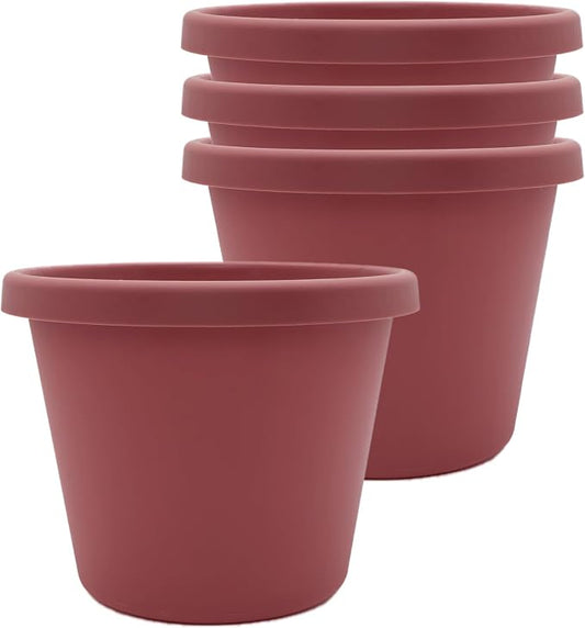 The HC Companies 6 Inch Prima Round Planter Pots with Drainage Holes and Rolled Rim, Lightweight UV-Resistant Plastic Indoor & Outdoor Planters, 4-Pack Flower Pots for Garden & Home Decor, Marsala