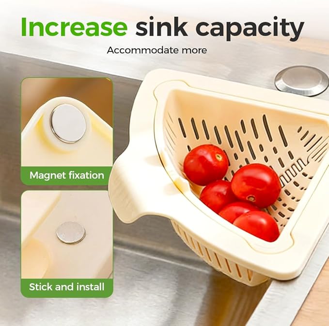 Magnetic Triangle Sink Strainer Basket, 2026 Upgrade Kitchen Corner Drain Rack with Twist-Open Bottom, Metal Sink Food Scraps Filter and Sponge Holder Produce Rinse Basket