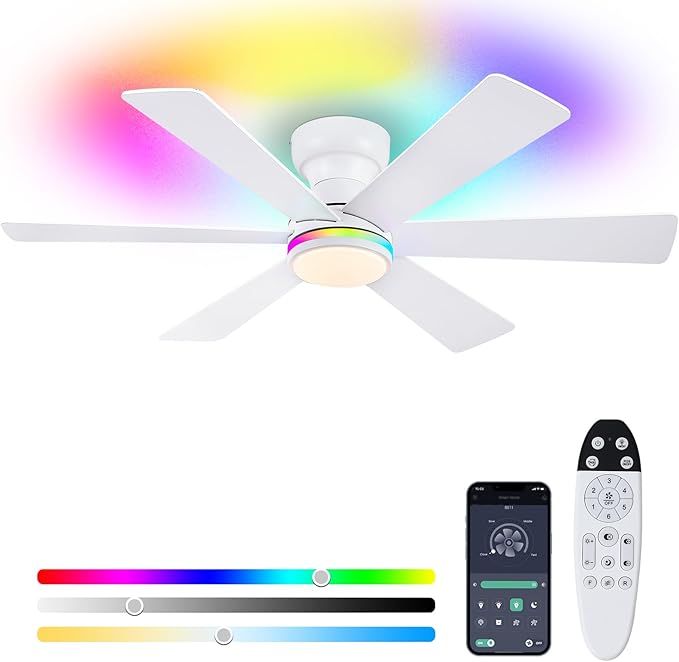 Asyko 46" White RGB Ceiling Fans with Lights and Remote,Low Profile Ceiling Fans with Quiet Reversible DC Motor,Small Modern Flush Mount Ceiling Fan Light for Bedroom Kids Room