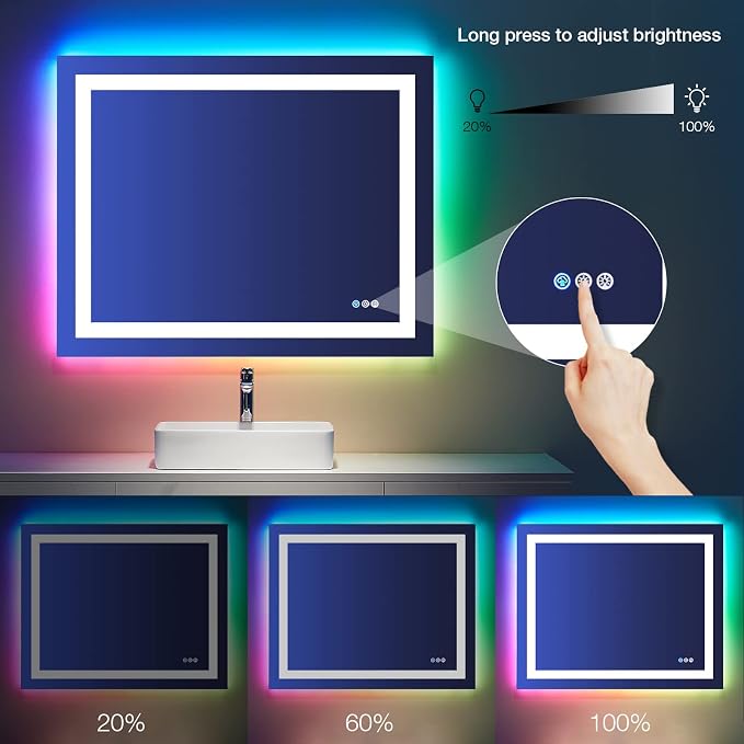 LOAAO 48"X28" LED Bathroom Mirror with Lights, Anti-Fog, Dimmable, RGB Backlit + Front Lighted, Bathroom Vanity Mirror for Wall, Memory Function, Tempered Glass, ETL Listed