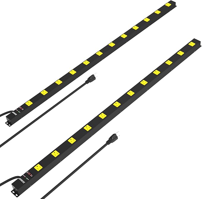 12 Outlet Industrial Power Strip with 15Ft Cord, 2 Pack 1875W Heavy Duty Metal Power Strip with Wide-Spaced Outlets & Overload Protection, ETL Listed for Garage, Workshop, Office, Home