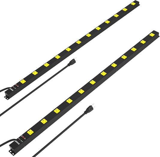 12 Outlet Industrial Power Strip with 15Ft Cord, 2 Pack 1875W Heavy Duty Metal Power Strip with Wide-Spaced Outlets & Overload Protection, ETL Listed for Garage, Workshop, Office, Home